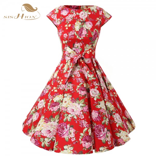 SISHION Casual Women Dress Summer Short Sleeve Tunic Retro Vintage 50s 60s Big Swing Midi Red Floral Dresses Plus Size VD0238