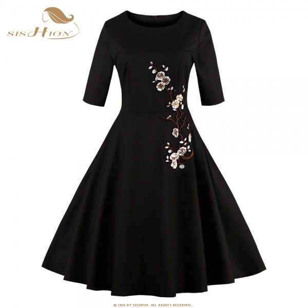 SISHION Elegant Black Dress Women Summer Half Sleeve Embroidery Sequins Swing Hepburn Retro Vintage Dress Plus Size VD0419