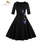 SISHION Elegant Black Dress Women Summer Half Sleeve Embroidery Sequins Swing Hepburn Retro Vintage Dress Plus Size VD0419