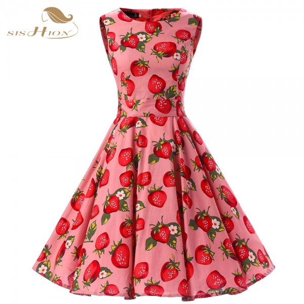 SISHION Plus Size Women Summer Dress VD0224 Sleeveless Strawberry Print Cotton Audrey hepburn Swing Retro Vintage Dress Belted