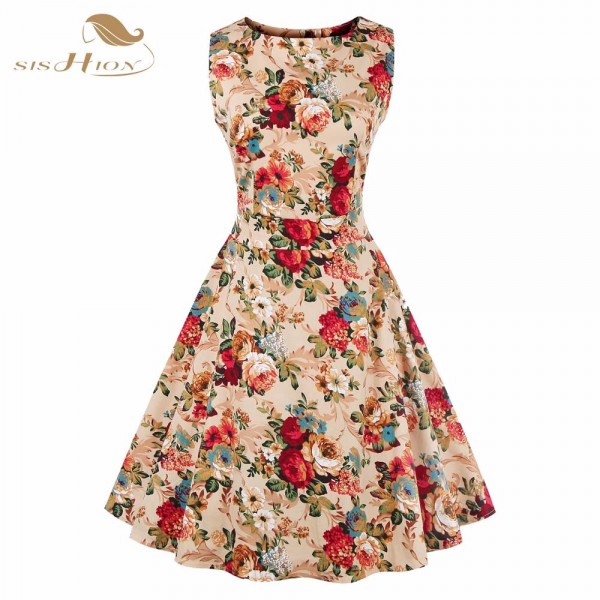 SISHION Women Summer Dress 2017 New Hepburn Style 50s Vintage Dresses Round Neck Sleeveless Floral Print Dress With Belt VD0276