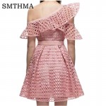 SMTHMA 2017 Runway New arrive pink women One Shoulder Ruffles lace dress