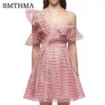 SMTHMA 2017 Runway New arrive pink women One Shoulder Ruffles lace dress