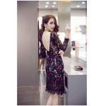 SMTHMA 2017 Spring   Plus Size Big V Backless Rose Flower Print Long Sleeve Black Lace Fish Tail Dress Sexy Night club Dress