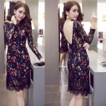 SMTHMA 2017 Spring   Plus Size Big V Backless Rose Flower Print Long Sleeve Black Lace Fish Tail Dress Sexy Night club Dress