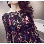 SMTHMA 2017 Spring   Plus Size Big V Backless Rose Flower Print Long Sleeve Black Lace Fish Tail Dress Sexy Night club Dress