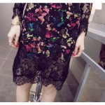 SMTHMA 2017 Spring   Plus Size Big V Backless Rose Flower Print Long Sleeve Black Lace Fish Tail Dress Sexy Night club Dress