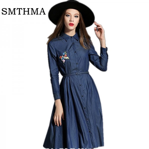 SMTHMA 2017 Spring Runway Nail bead Denim Long sleeve Dress