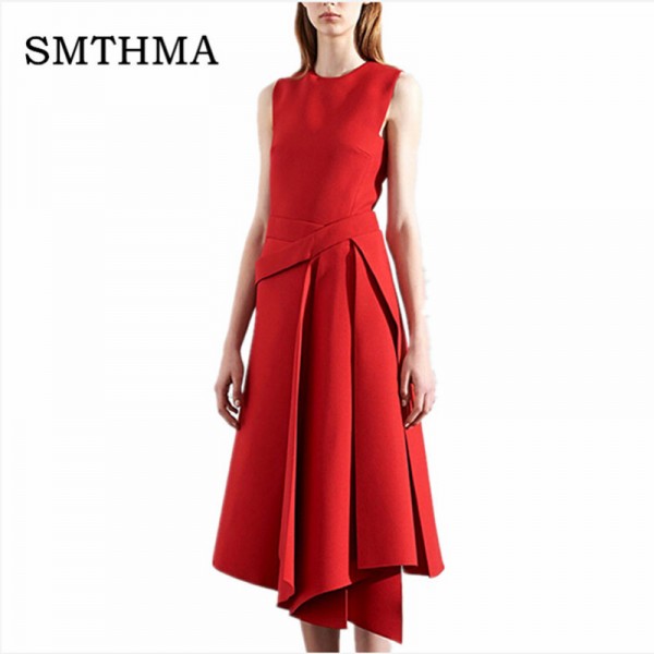 SMTHMA 2018 Spring Runway Designer Dress Women's High Quality Elegant sleeveless  Black /Red  Irregular Bottom Dress