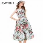 SMTHMA HIGH QUALITY New Fashion 2017 Designer Runway Dress Women's Sleeveless Noble Floral Printed Party  Dress