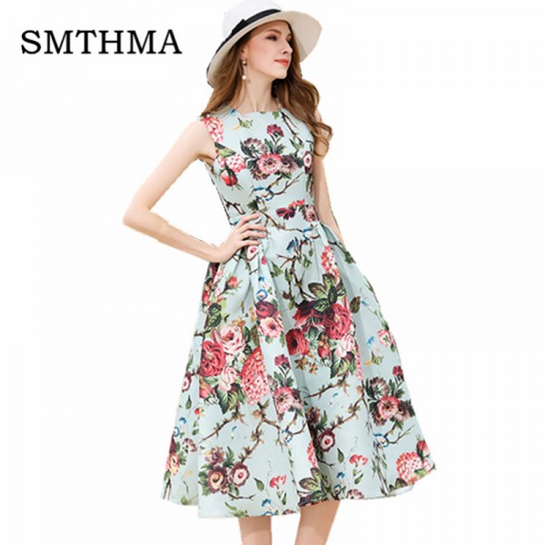 SMTHMA HIGH QUALITY New Fashion 2017 Designer Runway Dress Women's Sleeveless Noble Floral Printed Party  Dress