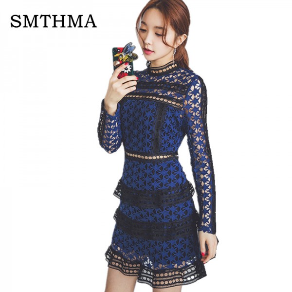 SMTHMA HIGH QUALITY Newest 2018 Summer Self Portrait Dress Women's Long Sleeve Hollow Out Cascading Lace Dress