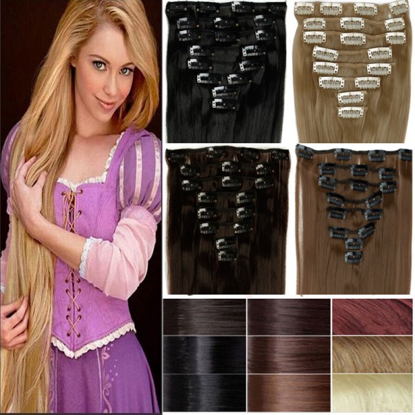 SNOILITE 8Pcs/set 23" 60CM Long Mega Synthetic Straight Full head Clip in Hair Extensions 18clips on