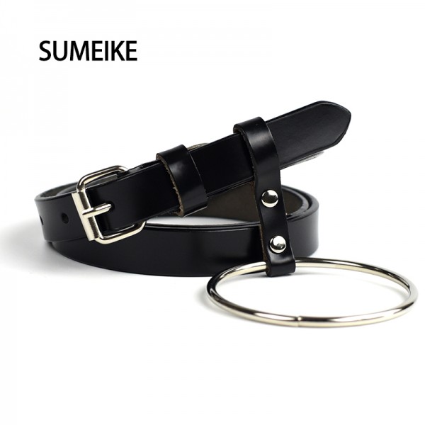 [SUMEIKE] Genuine Leather Belt Female Fashion Round Metal Circle Thin Belts For Women