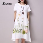 Saiqigui Summer Dress New Short sleeve white women dress casual cotton Linen dress lotus Printing o-neck vestidos de festa