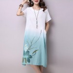 Saiqigui Summer dress New Fashion short sleeve gradation women dress casual cotton Linen dress Printing o-neck vestidos de festa