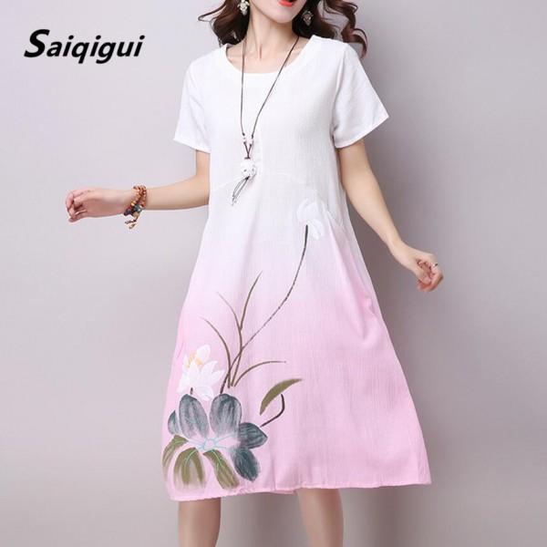 Saiqigui Summer dress New Fashion short sleeve gradation women dress casual cotton Linen dress Printing o-neck vestidos de festa