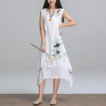 Saiqigui Summer dress New Fashion sleeveless women dress casual cotton Linen dress Printed o-neck plus size vestidos de festa