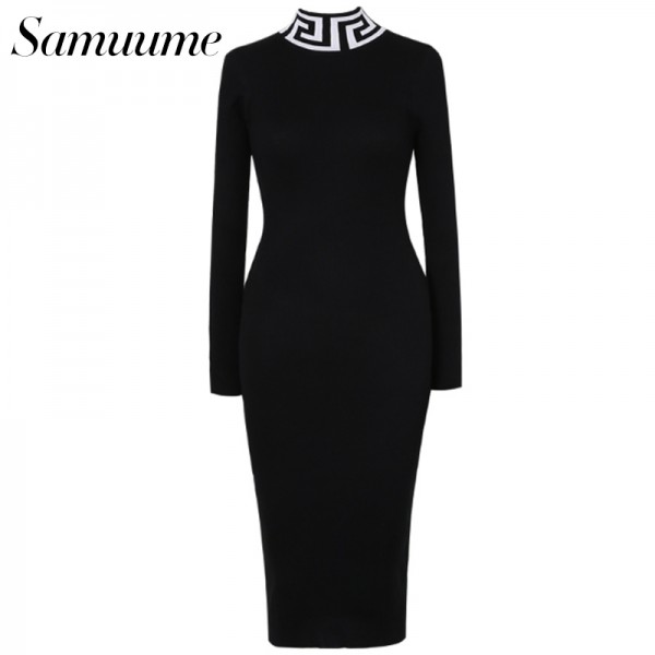 Samuume Geometric Turtleneck Long Sleeve Knit Bandage Sweater Dress Women 2017 Pencil Bodycon Pullover Dress Vestidos A1609003