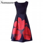 Samuume Vintage Big Red Floral Print Tank Dresses Women 2017 O-Neck Empire A-Line Sleeveless Midi Dress Female Vestidos B1505041