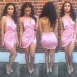 Satin Sateen Party Nightclub Vestidos 2017 Summer Women Sexy Deep V-Neck Halter Club Mini Dress Backless Bandage Wrapped Dresses