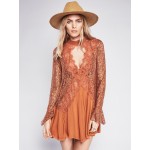 Secret Origins Pieced Floral Lace Dress Hollow Neck Keyhole Cutouts Back Sheer Mini Dresses Bell Sleeve Irregular Hem Vestidos