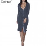 Sedrinuo 2017 New Autumn Fashion Deep V neck Button Decoration Front Sexy Long Sleeve Bodycon Knitted Sweater Dress for Women