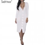 Sedrinuo 2017 New Autumn Fashion Deep V neck Button Decoration Front Sexy Long Sleeve Bodycon Knitted Sweater Dress for Women