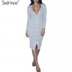 Sedrinuo 2017 New Autumn Fashion Deep V neck Button Decoration Front Sexy Long Sleeve Bodycon Knitted Sweater Dress for Women