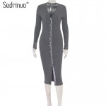 Sedrinuo 2017 New Autumn Fashion Deep V neck Button Decoration Front Sexy Long Sleeve Bodycon Knitted Sweater Dress for Women