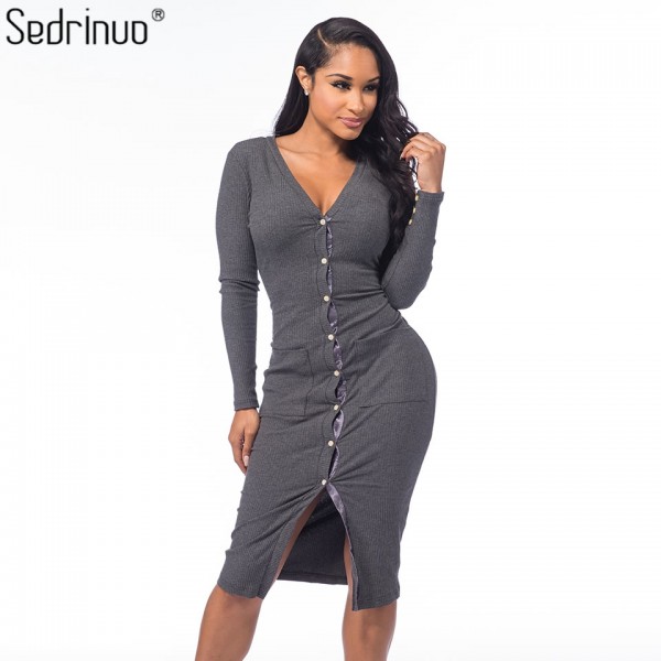 Sedrinuo 2017 New Autumn Fashion Deep V neck Button Decoration Front Sexy Long Sleeve Bodycon Knitted Sweater Dress for Women