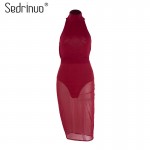 Sedrinuo Fashion Sexy Club Women Dress Slim Round Neck Backless Bodycon See Through Red Pencil Party Dresses Vestidos