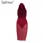 Sedrinuo Fashion Sexy Club Women Dress Slim Round Neck Backless Bodycon See Through Red Pencil Party Dresses Vestidos