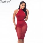 Sedrinuo Fashion Sexy Club Women Dress Slim Round Neck Backless Bodycon See Through Red Pencil Party Dresses Vestidos