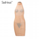 Sedrinuo New 2017 Europe Style Sexy Sleeveless Bodycon Bandage Backless See Through Diamonds Decoration Women Mini Dresses