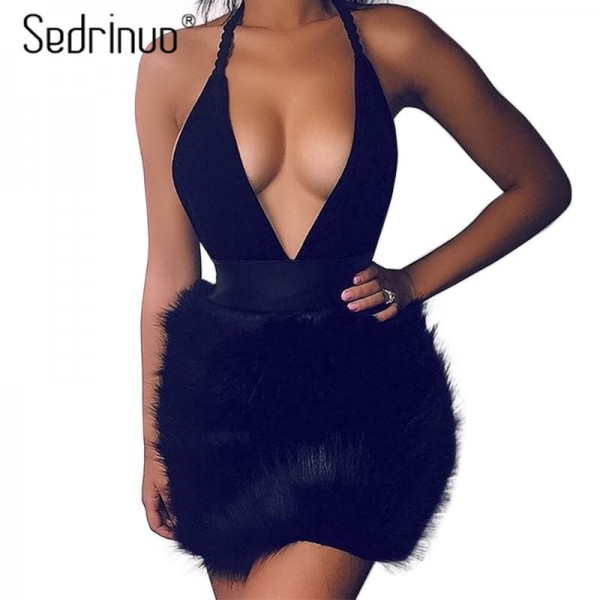 Sedrinuo Sexy Dresses Party Night Club Dress 2017 New Fashion Fur Deeps V neck Off the Shoulder Bodycon Backless Women Dresses