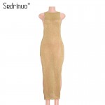 Sedrinuo Summer Fashion Crochet Sleeveless High Split Side O-Neck Women Club Party Dresses Solid Gold Casual Bodycon Long Dress