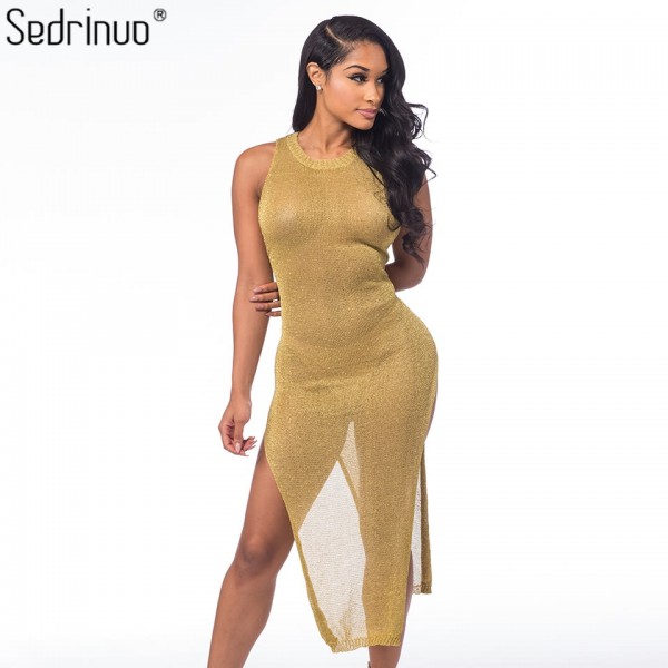 Sedrinuo Summer Fashion Crochet Sleeveless High Split Side O-Neck Women Club Party Dresses Solid Gold Casual Bodycon Long Dress