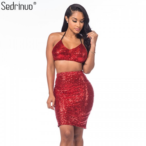 Sedrinuo Summer Fashion Women Party Dress 2 Pieces Set Halter V neck Strapless Bodycon Sexy Club Dresses Tight Slim Mini Dress