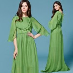 Sexy Dress 2016 Summer Wmen's Sicilian Style Fashion Daily Short Petal Sleeve Back V-neck Floor-Length Green Maxi Dress