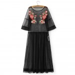 Sexy Floral Embroidery Perspective Mesh Lace Crochet O-Neck Pullover Slim Half Sleeve Retro Women Pleated Dress Black Q16-11-15