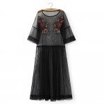 Sexy Floral Embroidery Perspective Mesh Lace Crochet O-Neck Pullover Slim Half Sleeve Retro Women Pleated Dress Black Q16-11-15