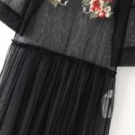 Sexy Floral Embroidery Perspective Mesh Lace Crochet O-Neck Pullover Slim Half Sleeve Retro Women Pleated Dress Black Q16-11-15