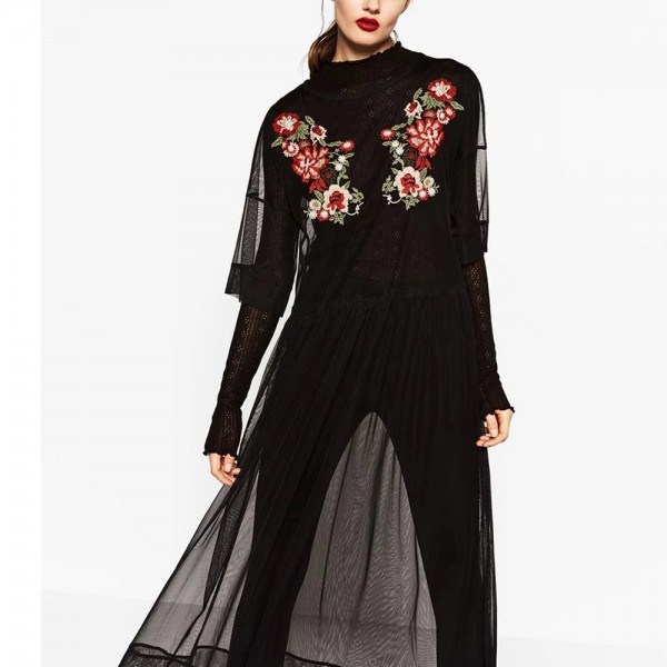 Sexy Floral Embroidery Perspective Mesh Lace Crochet O-Neck Pullover Slim Half Sleeve Retro Women Pleated Dress Black Q16-11-15