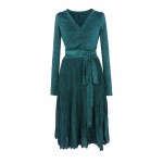 Sexy Mousse V-neck Pleated Straped Sexy Dresses Spring Women Elegant High Waist Slimming Dress Club Vestidios Green Gray