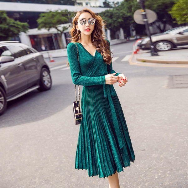 Sexy Mousse V-neck Pleated Straped Sexy Dresses Spring Women Elegant High Waist Slimming Dress Club Vestidios Green Gray