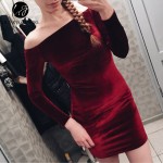 Sexy Off Shoulder Wine Red Sheath Velvet Dress Women Winter Party Long Sleeve 2016 Elegant Pencil Bodycon Ladies Dress Vestidos