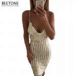 Sexy Party Night Sequin Dress 2016 Women V Neck Elegent Vintage Dresses Shinning Gold Sequined Flower Lace Mesh Vestidos