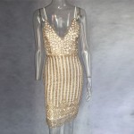 Sexy Party Night Sequin Dress 2016 Women V Neck Elegent Vintage Dresses Shinning Gold Sequined Flower Lace Mesh Vestidos