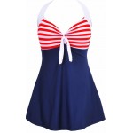 Sexy Plus Size Stripe Padded Halter Skirt Swimwear Women One Piece Suits Swimsuit Beachwear Bathing Suit Swimwear Dress M To 4XL